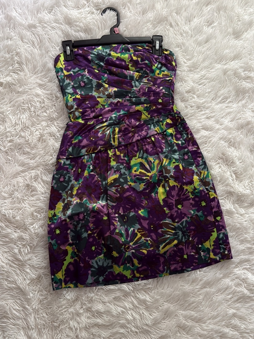 BCBG Strapless Floral Cocktail Dress in Purple, Green, Yellow